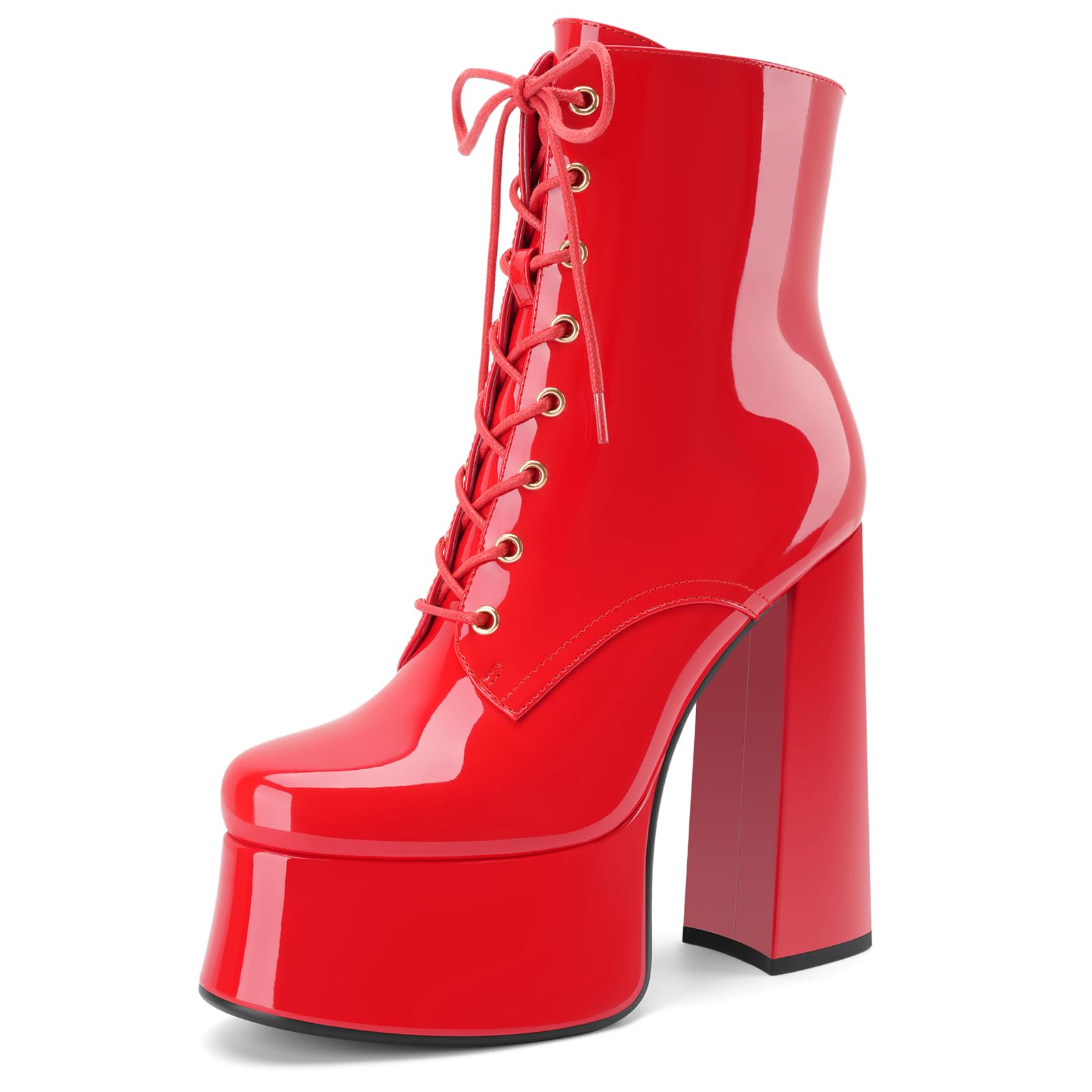 Z Oufeier Womens Platform High Heel Ankle Boots Patent Leather Sexy Dress Chunky Heeled Combat Boots Round Toe