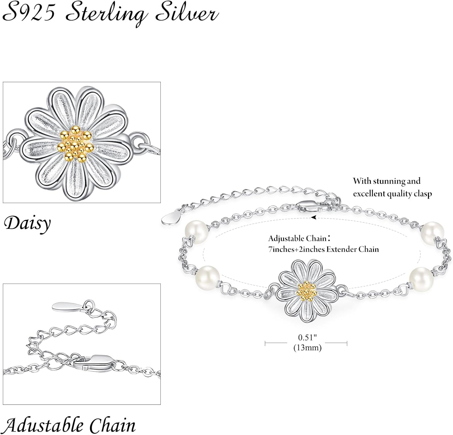 Palpitate Daisy Bracelet Pearl Bracelets 925 Sterling Sliver Freshwater Pearl Bracelet Jewelry Gifts for Women - Image 3