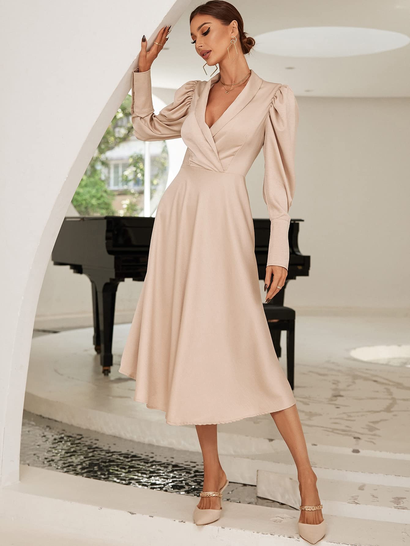 Amazon.com: Women's Dresses Shawl Collar Puff Sleeve -line Dress Dress for  Women (Color : Apricot, Size : Small) : Clothing, Shoes & Jewelry