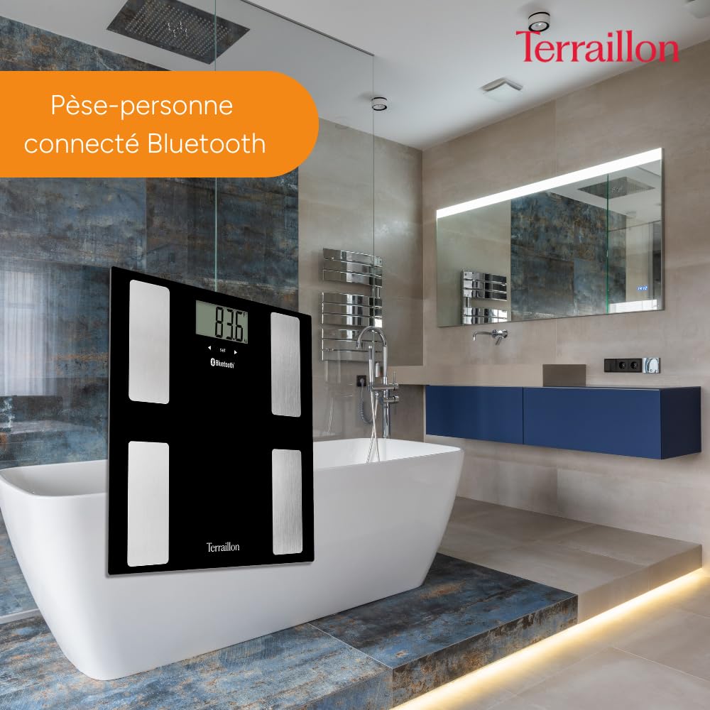 TERRAILLON - SMART CONNECT, Pèse Personne Connecté, Balance IMC, 8 Utilisateurs, Bluetooth Low Energy, Capacité 160Kg, Noir