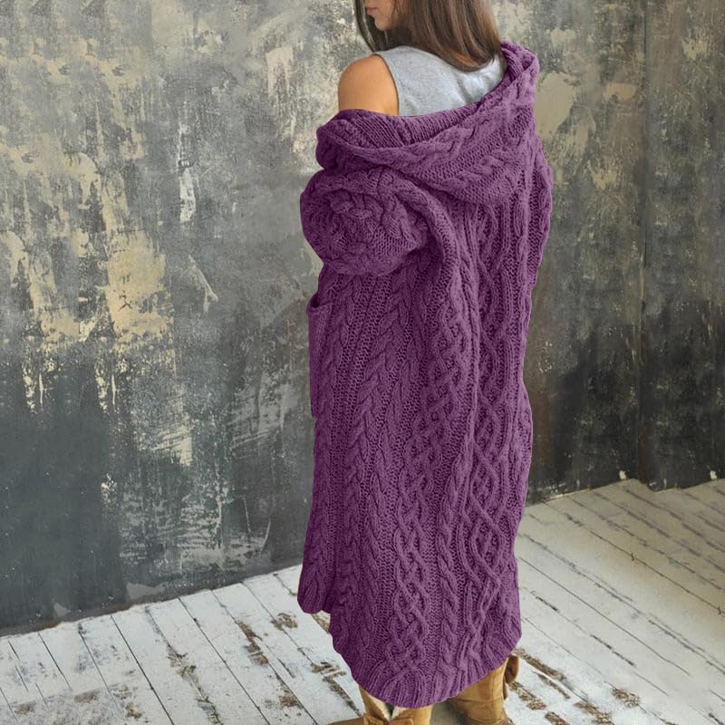 NIUBIA Womens Casual Long Sleeve Open Cardigan Warm Hooded Outwear Coat Cable Knit Long Cardigan Sweaters with Pockets - Image 3