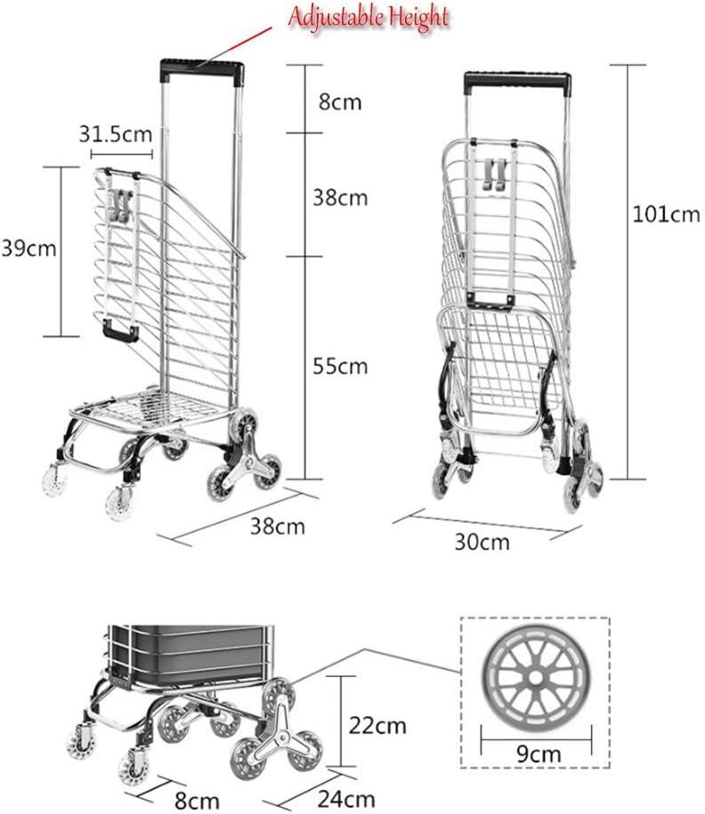 Trolley Stair Climbing Shopping Trolley Lightweight Aluminum Alloy with Swivel Wheels Large Cart Foldable Groceries Basket Shopper Luggage Bags