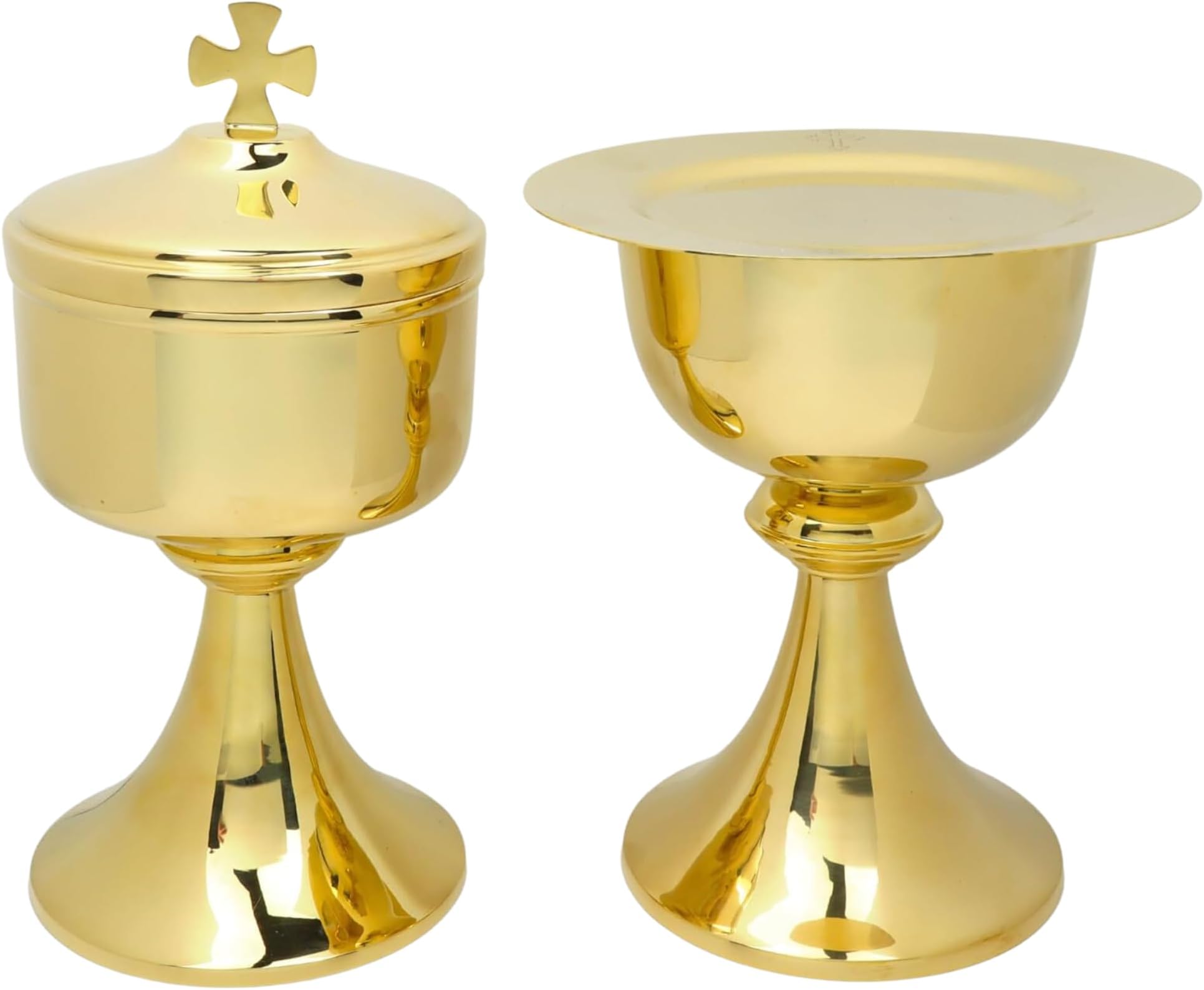 Needzo High Polished Brass Chalice and Ciborium Set, Traditional Catholic Church Supplies, 7 x 4.5” with 6.25 Inch Diameter Paten