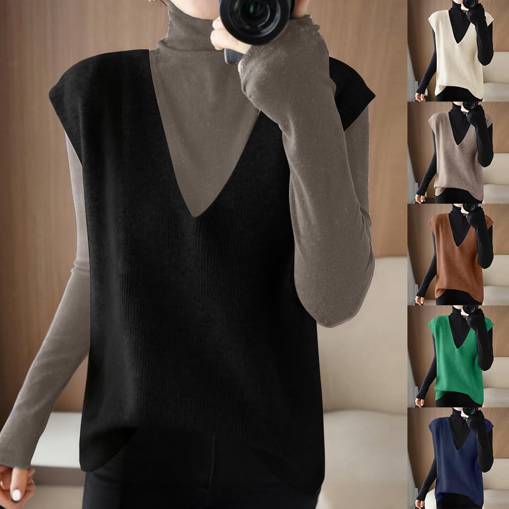 shownicer Pull sans Manches Femme Chic Et Elegant Col en V Gilet en Tricot Décontracté Couleur Unie Débardeur