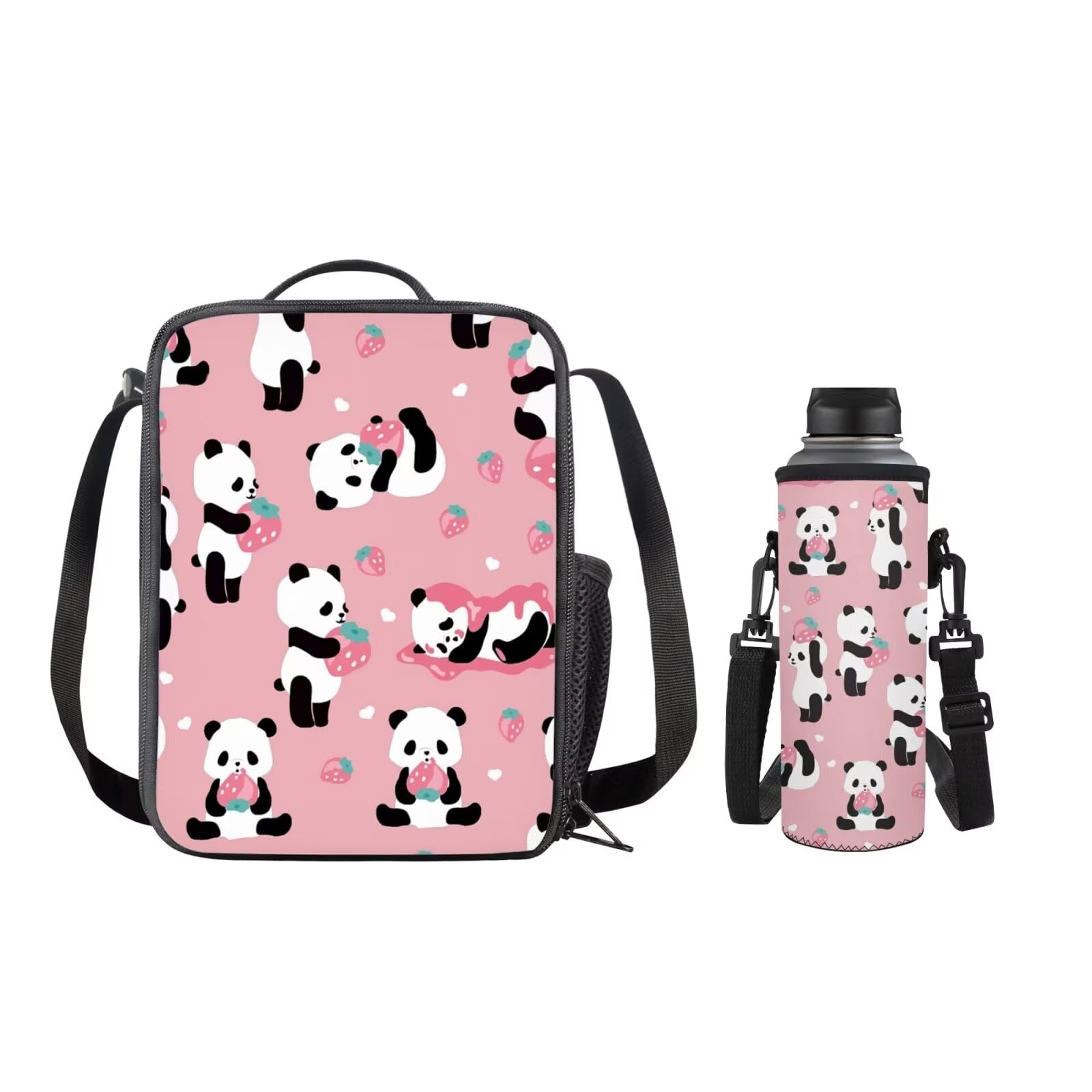 SEANATIVE Panda Strawberry Kids Daycare Preschool Lunch Tote Crossbody Bag with Water Bottle Pouch Holder