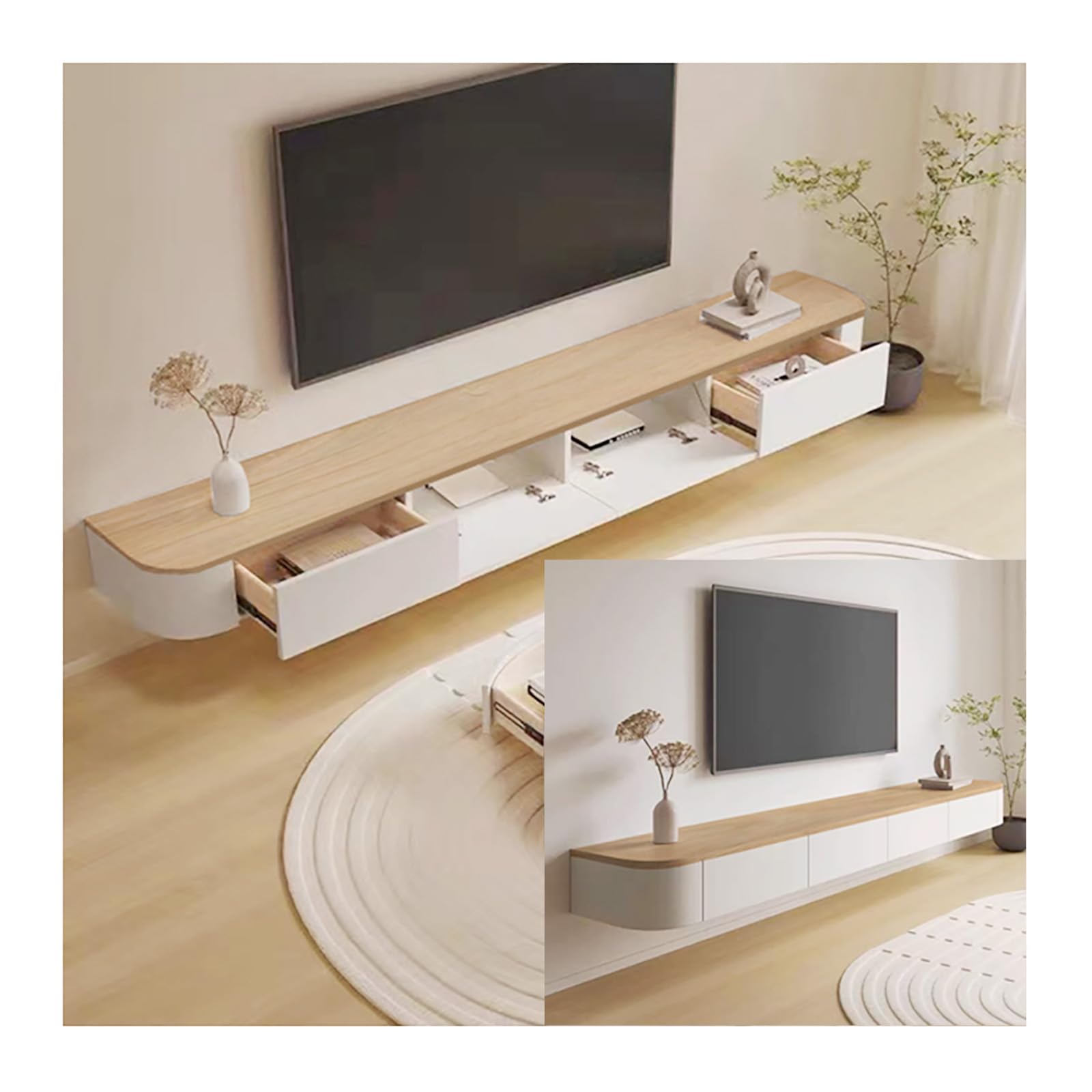 Meuble TV Suspendu, Meuble TV Flottant, Noir Meuble Télévision Mural en Bois Massif avec 2 Tiroirs, Design Élégant et Suspendu, Étagère de Rangement pour Salon ou Chambre (Couleur Bois, 220cm)