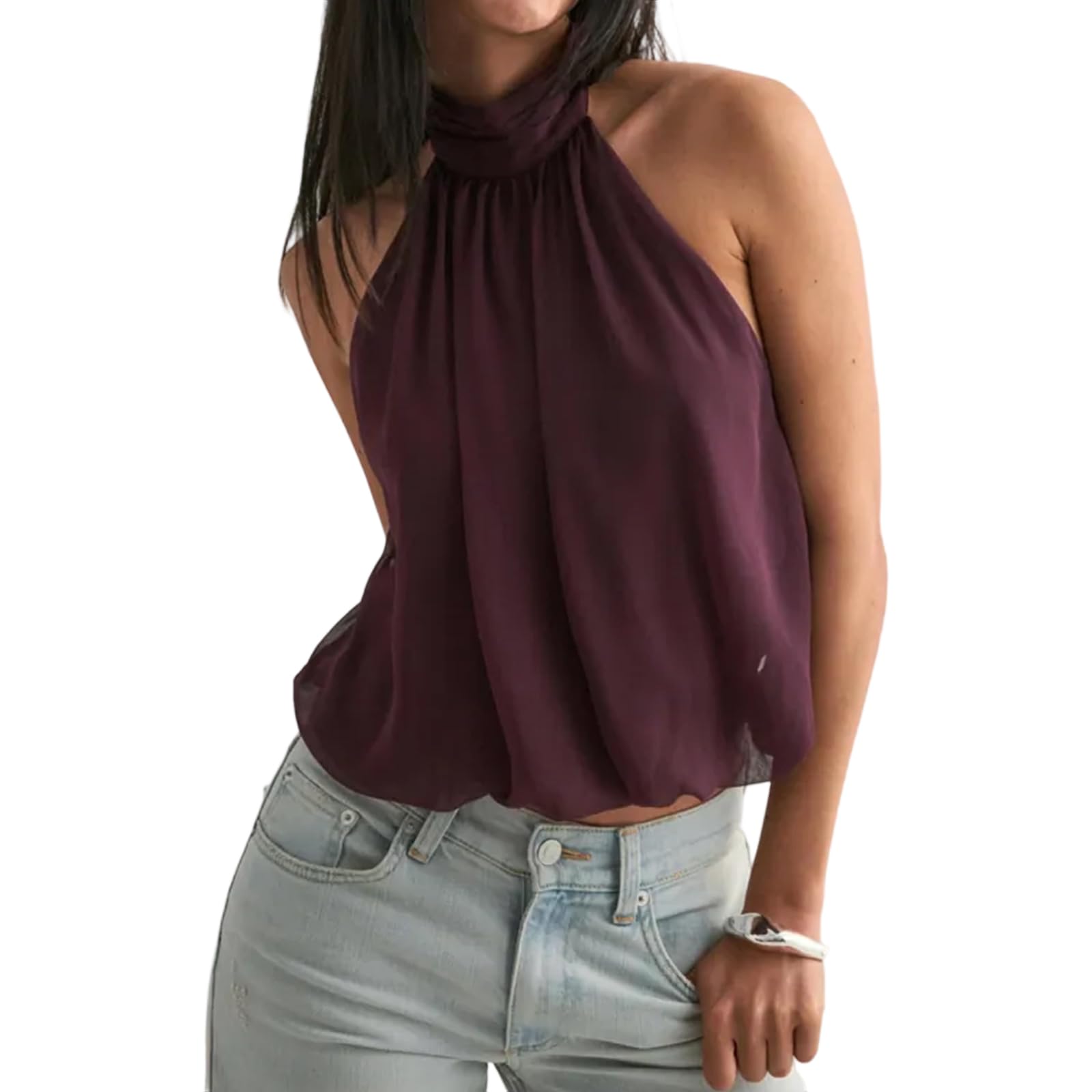Women High Halter Neck Tank Top Solid Color Y2k Coquette Open Back Summer Going Out Tops