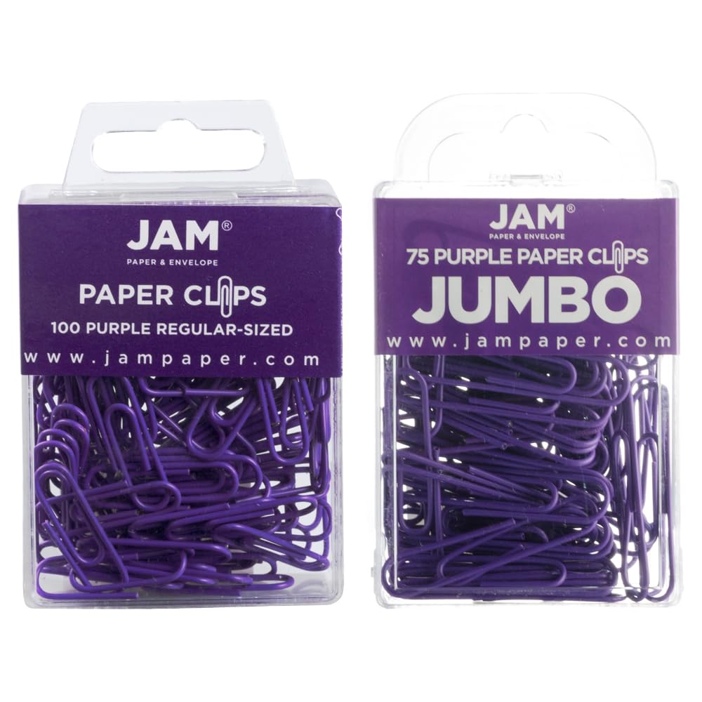 JAM PAPER Combo Pack Colorful Paper Clips - Standard & Jumbo - Purple Paperclips - 1 Pack of 100 & 1 Pack of 75