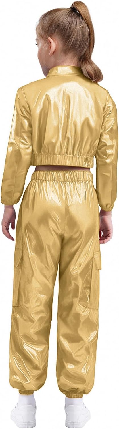 JanJean Boys Girls Shiny Metallic Jazz Hip Hop Modern Dance Outfits Long Sleeve Jacket with Pants Set 2 Pcs Tracksuit Gold 12 Years
