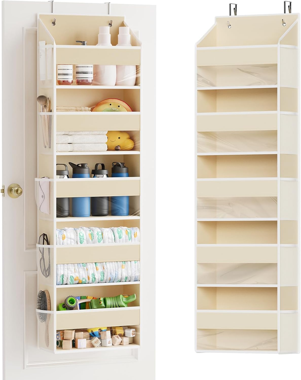 SpaceAid 2 Pack Over The Door Organizer with 5 Large Pockets and 10 Mesh Side Pockets, 5 Layers Door Organizer Hanging with Clear Window for Bedroom, Bathroom, Pantry and Nursery, Beige