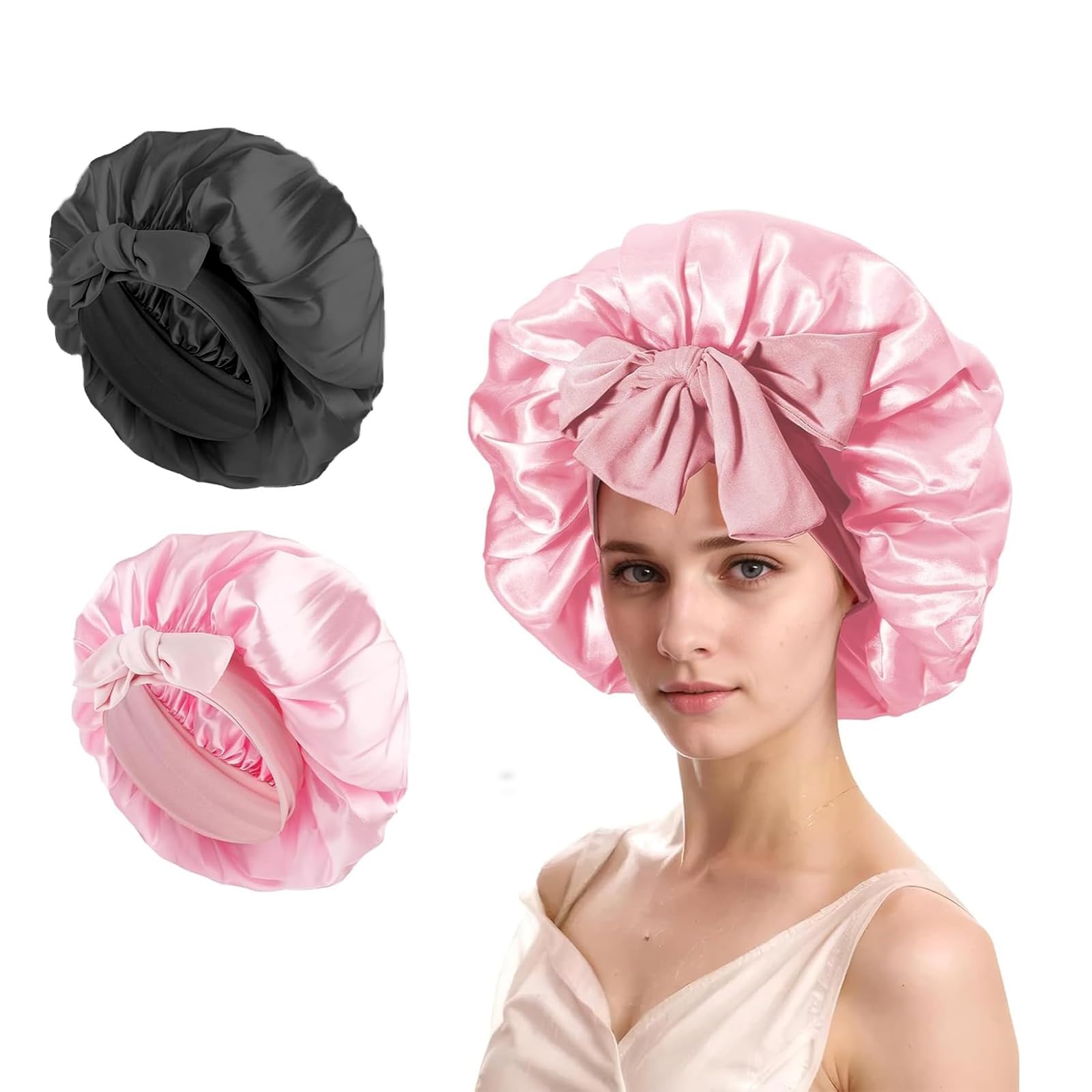XWYDZ 2 Pcs Women's Black Silk Hair Bonnets for Sleeping Curly Hair, Braids, Waves, Dreadlocks, 7 7/8-8