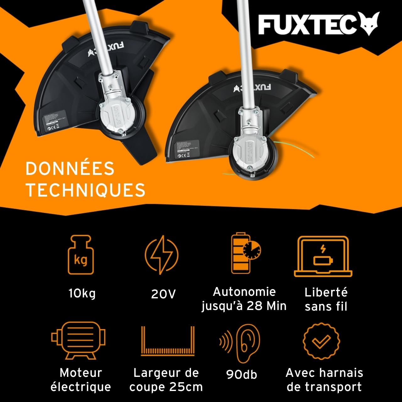 FUXTEC Débroussailleuse Batterie 2x20V FX-E2MSSET - avec Batteries Et Double Chargeur - Largeur De Coupe 25,5-35cm, Lame Et Fil, 10Kg, Jusqu'à 6000 TR/Min