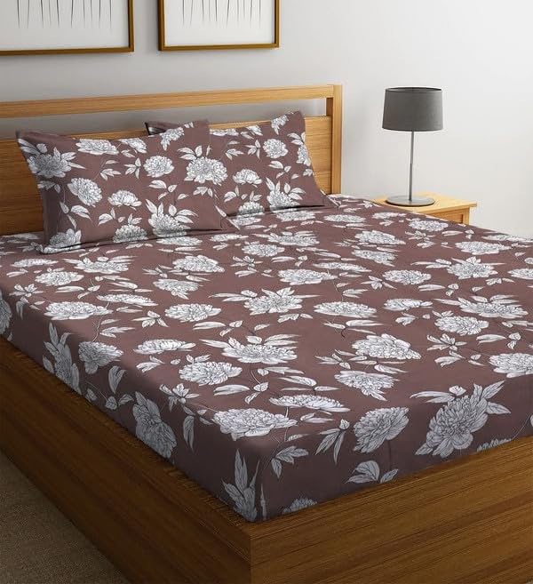 Home Premium Cotton Flat Double Bedsheets with 2 Pillow Covers | Double Bed Breathable | Wrinklefree | Ultrasoft 210 tc Supersoft | 90 x 90 Inches|Print Floral, Light Brown