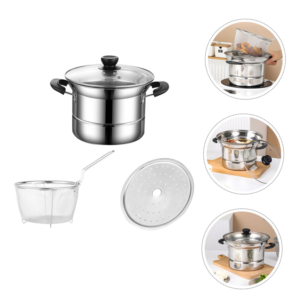 OUNONA 1 Set Multi Functional Stainless Steel Cooking Pot with Lid Deep Fryer Insert for Pasta Noodles Soup and Frying Features Scald Handle Non Slip Base for Easy Use