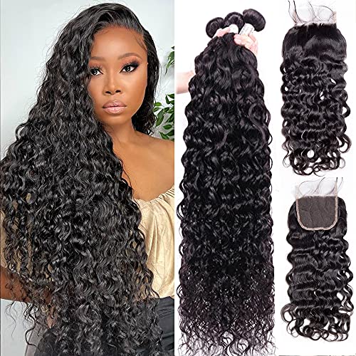 Brazilian Water Wave Human Hair Bundles with Lace Closure Wet and Wavy Human Hair Bundles with 4x4 Lace Closure 100% Unprocessed Virgin Hair Bundles With Closure (16 18 20+14)