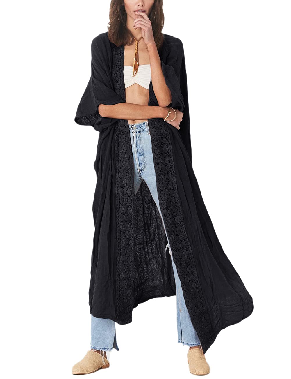 Bsubseach Bordado Media Manga Frente Abierto Kimono Beach Cover Ups para Mujer