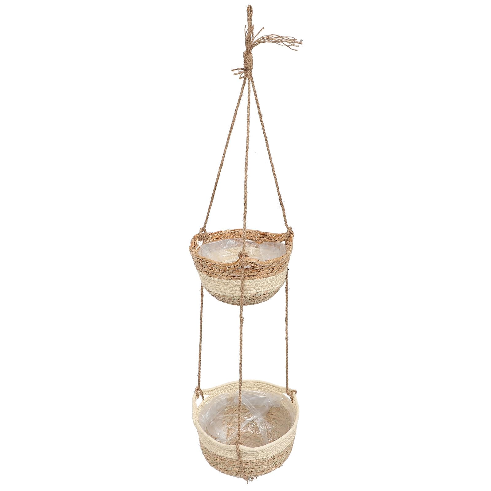Homoyoyo Cesto Sospeso Intrecciato a 2 Livelli in Materiale Composito per Piante e Fiori, Sospensione per Soggiorno e Giardino, Design Artigianale in Corda Naturale
