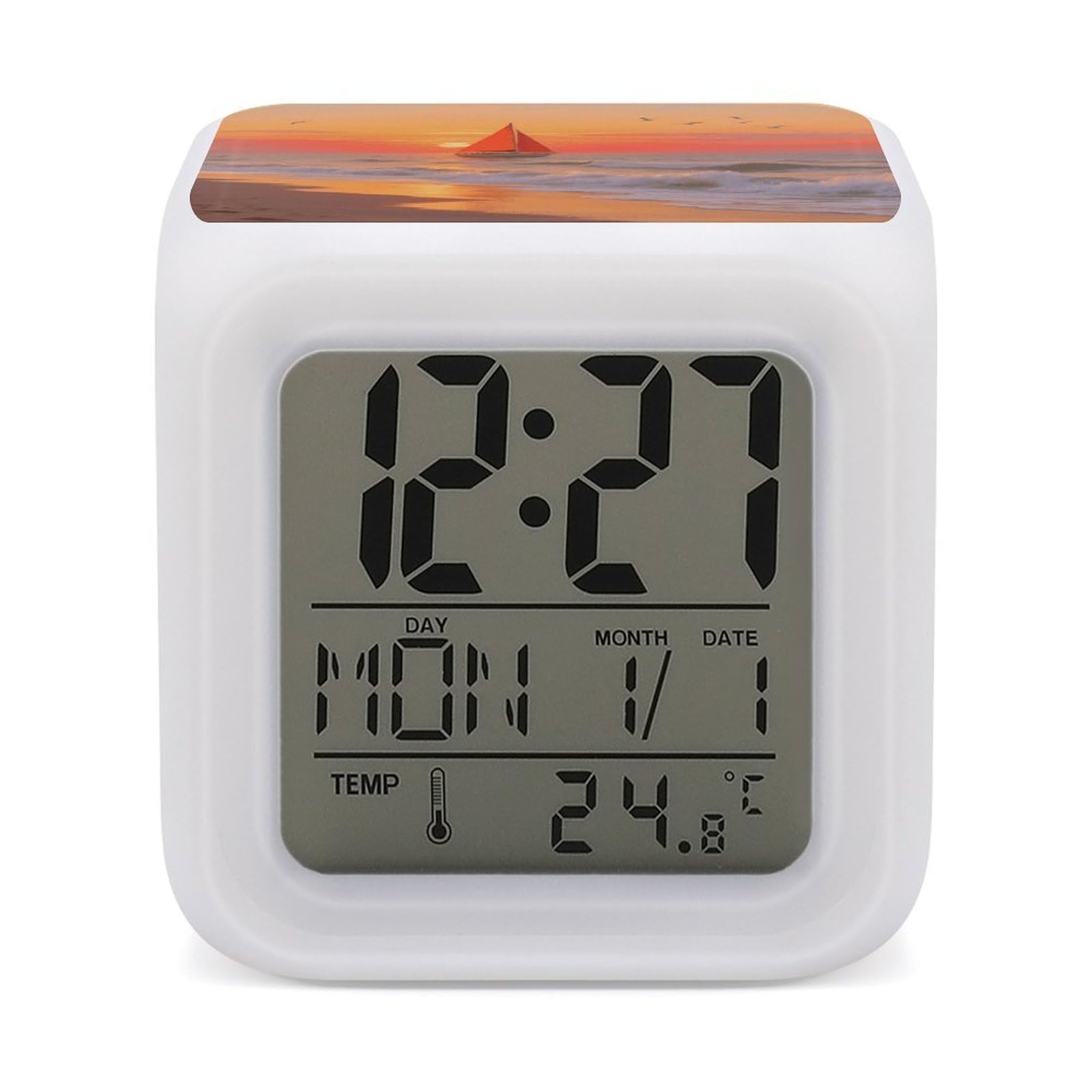 7 Color Ambient Night Light Cube Battery Operated Sailing at The Seaside Digital Clock with Snooze Temperature LED Digital Alarm Clocks Dimmable Wake Up Light Portable Mood Lamp for Bedroom Desk Gift