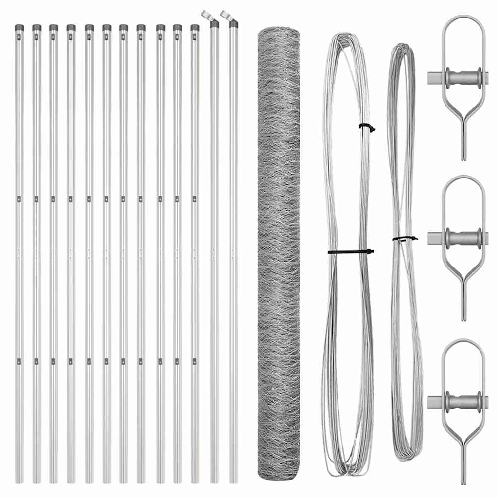 Outdoor Steel Fence Post Silver 25 x 1.6 m 36 mm Mesh Garden Security Barrier Set 26 Posts Corrosion Resistant Modern Rectangle Design for Terrace Yard Enclosure