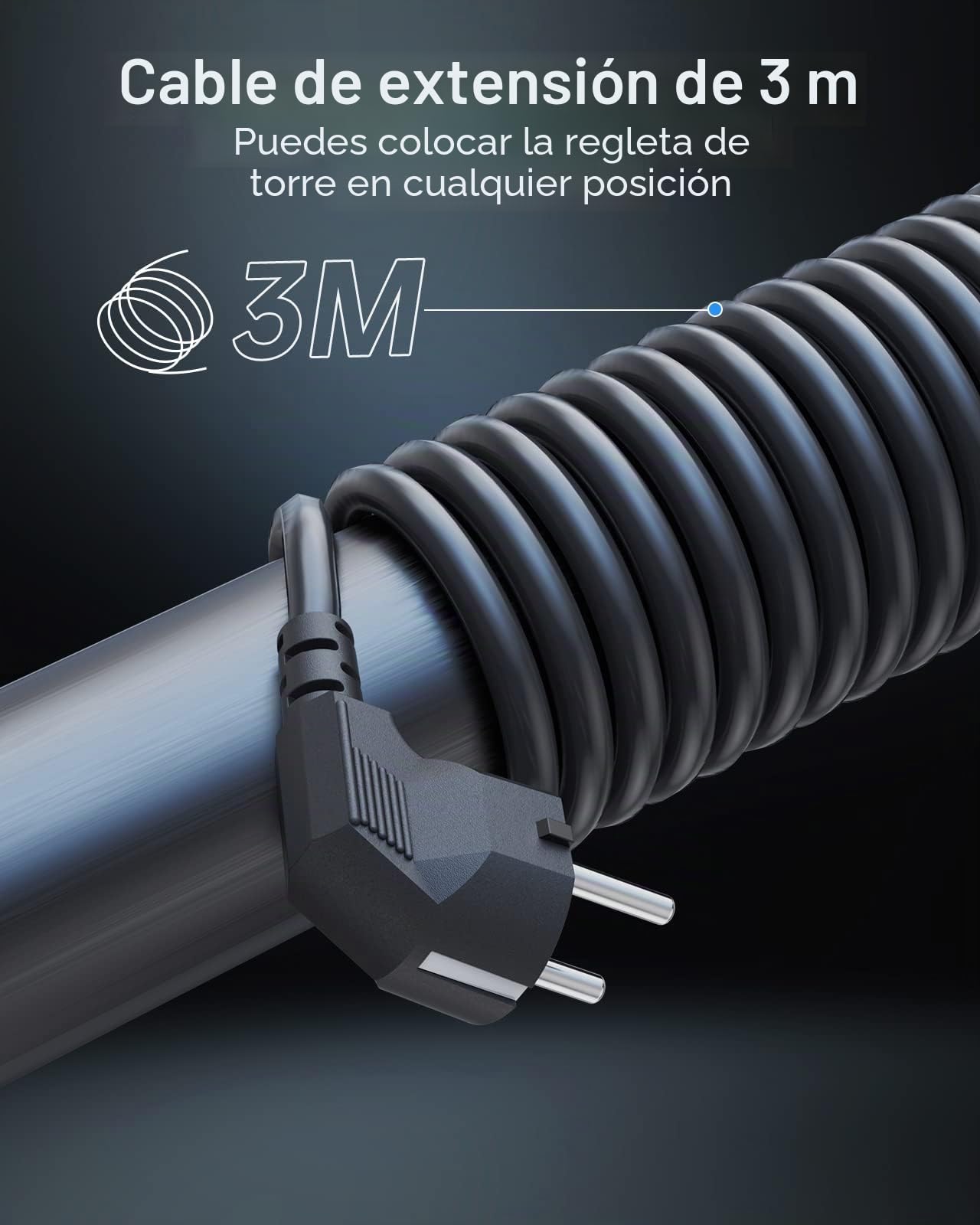 Torre Regletas Enchufes con Cable 3M, Regleta USB 8 Tomas de AC Corrientes y 4 USB, 2500W/10A, Regreltas Vertical con Interruptor para Mesa, Oficia, Casa…