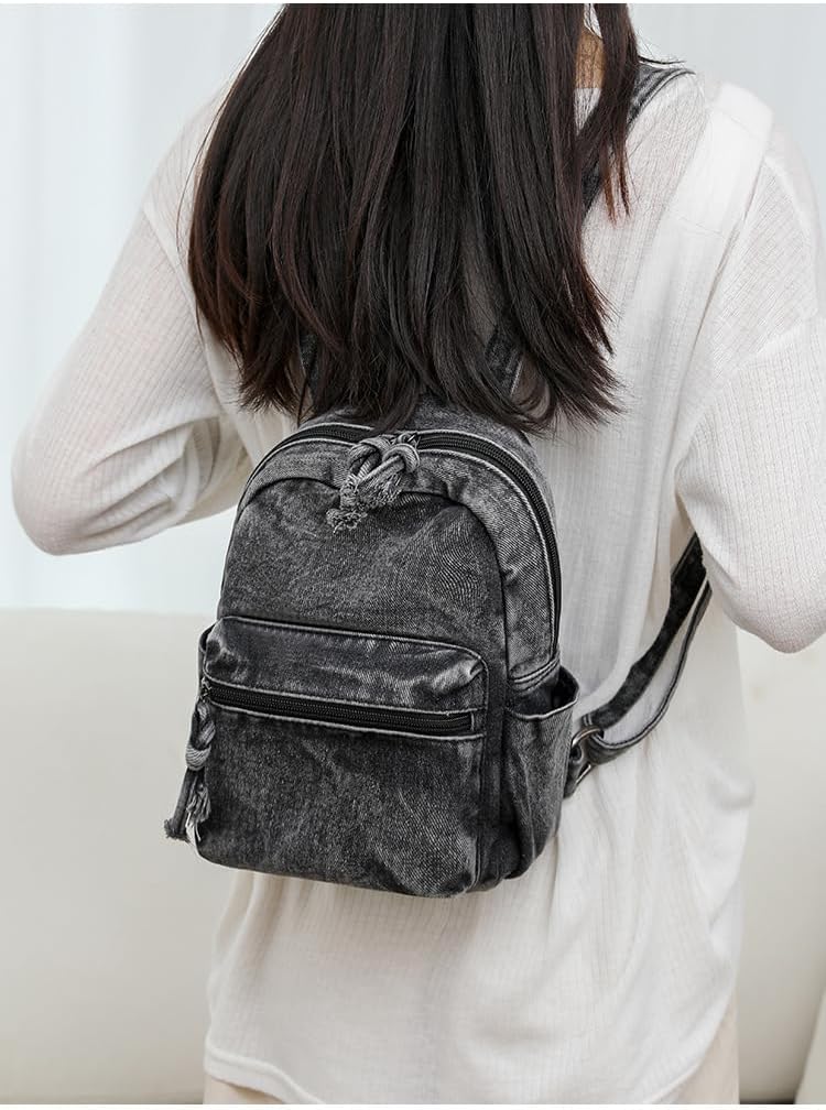 Denim Backpack Fashion Daypack Shoulder Bag, Chic y2k Grunge Canvas Bookbag Women Men Trendy Design Daily Hiking Travel (A black)