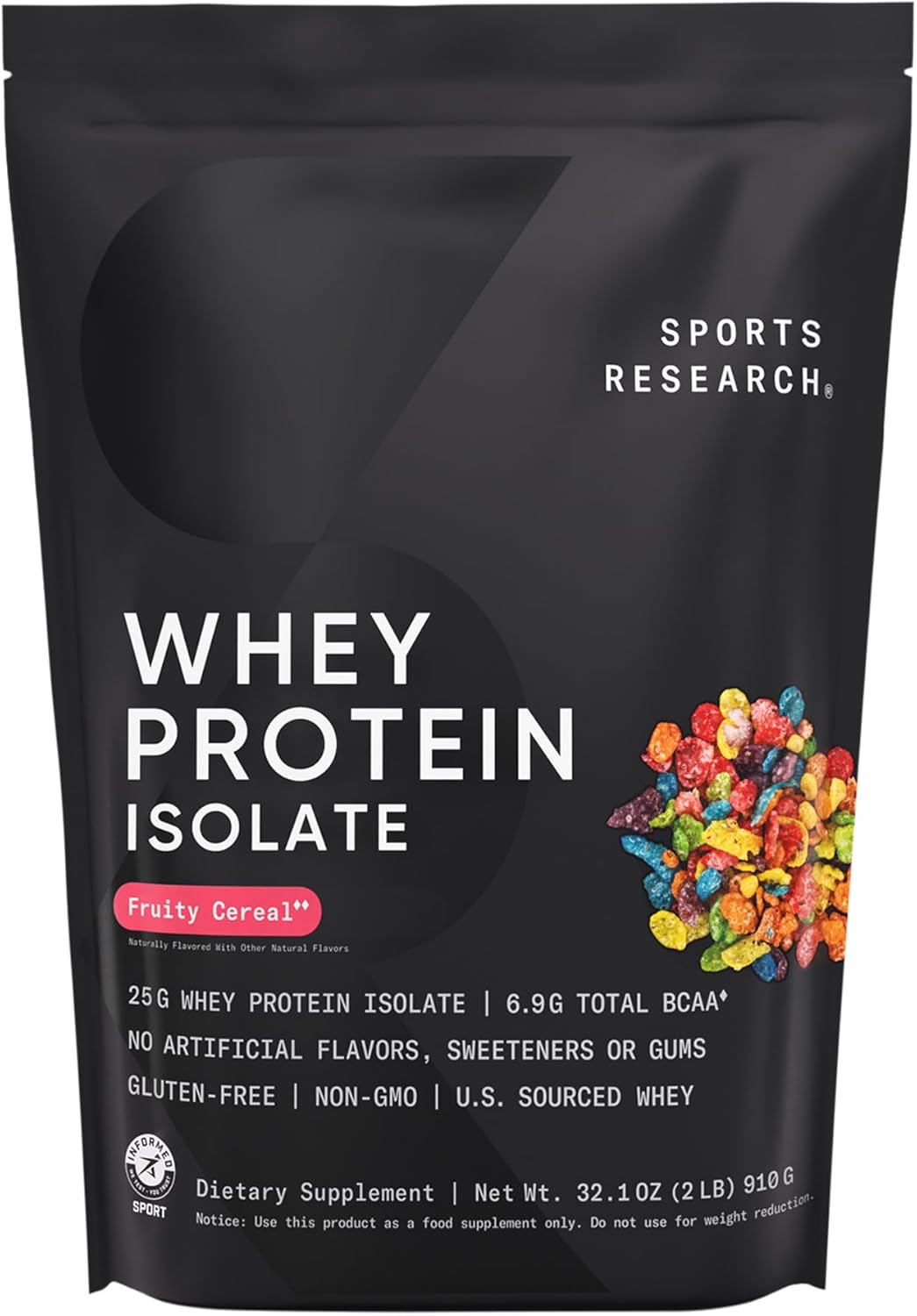 Sports Research® 100% Whey Protein Isolate Fruity Cereal - U.S. Sourced Protein Powder w/BCAAs - No Artificial Flavors or Gums- Informed Sport Tested · Gluten Free - 2lb Bulk Bag, 25 Servings