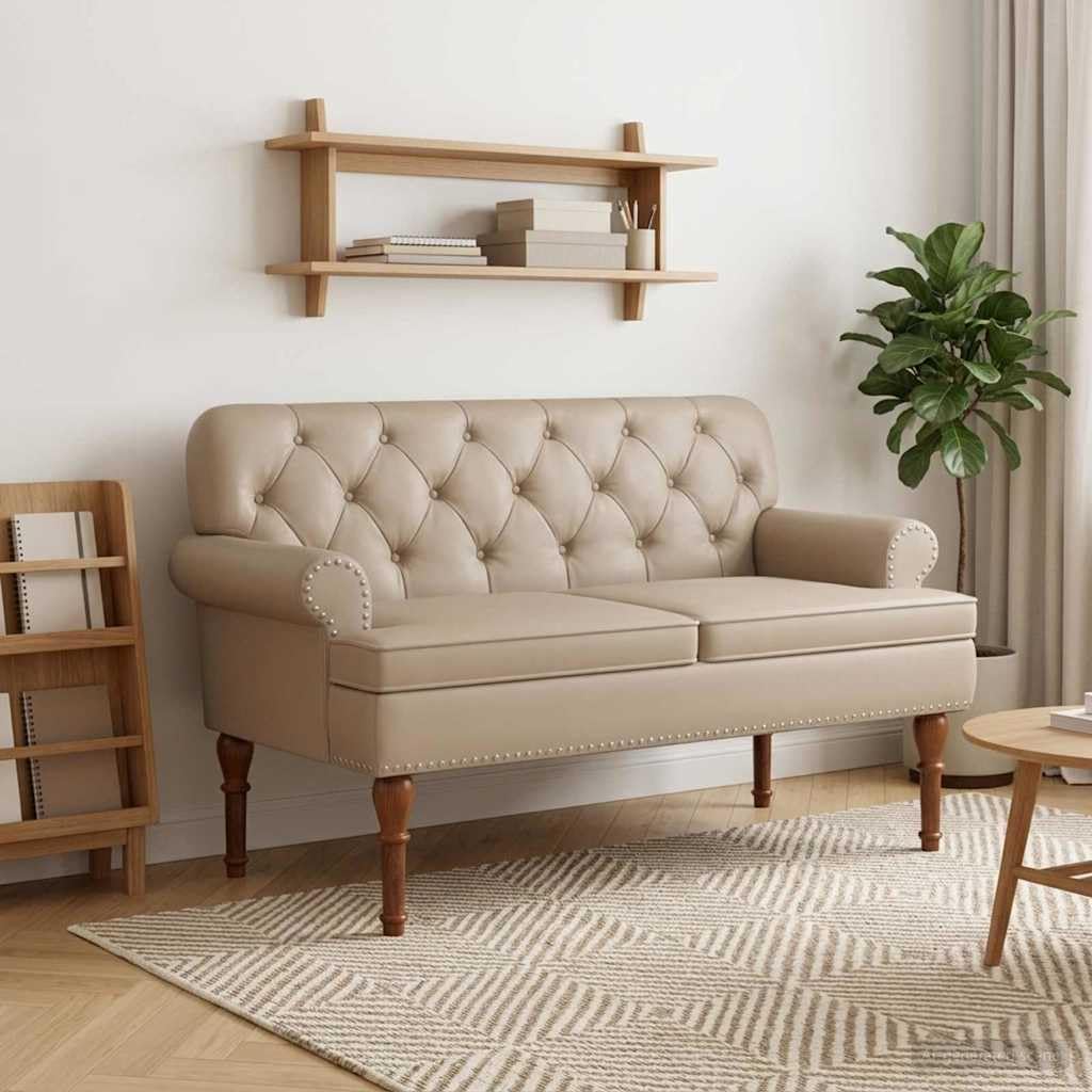 Cappuccino - Asiento de dos plazas con cierre de botón, piel sintética con marco de madera y patas de madera de caucho, 120 x 65 x 77 cm, 2 plazas para salón o dormitorio