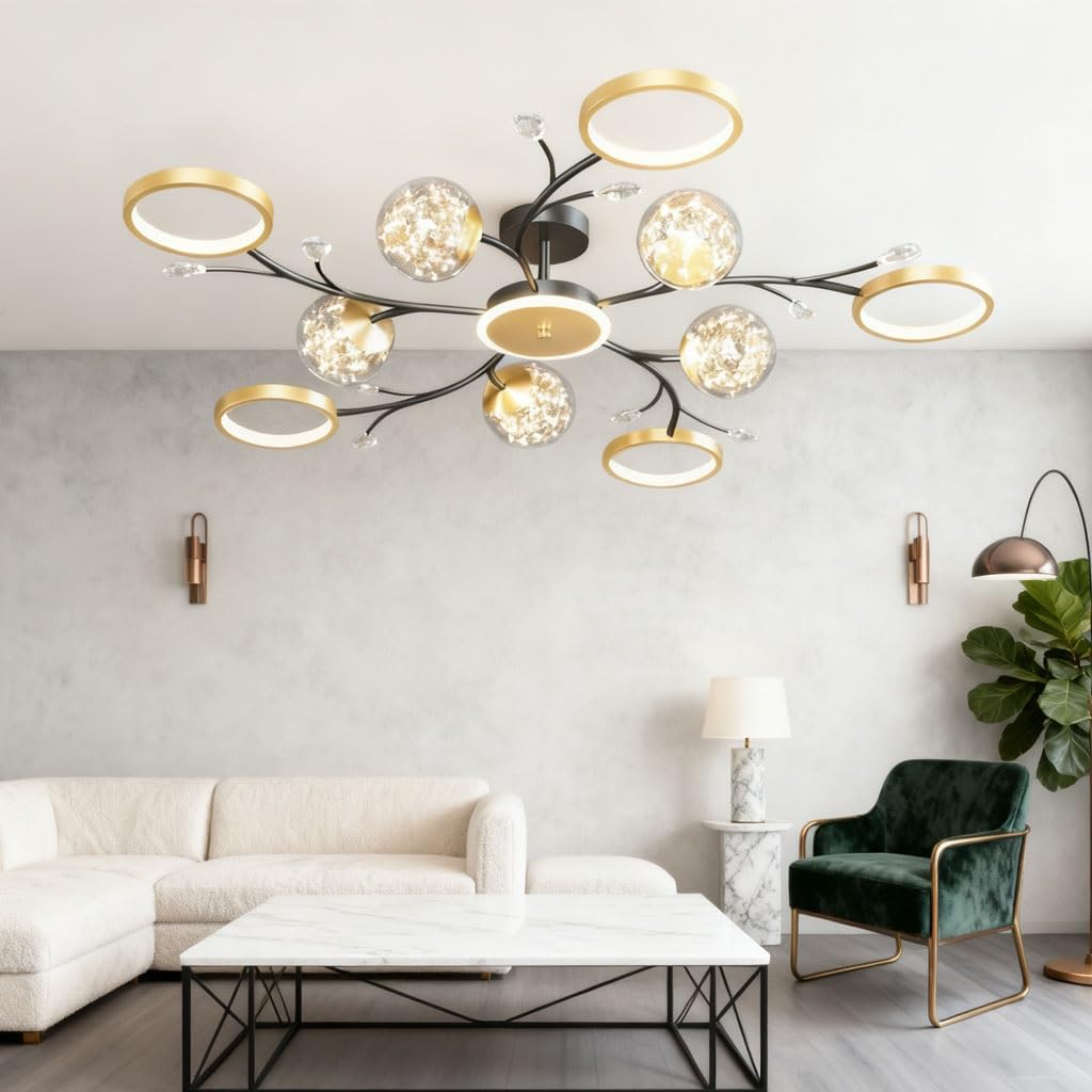 LED ceiling lamp ceiling light ceiling lighting creative metal electroplating glass pendant light modern lamp for living room bedroom black and gold hotel lobby offices(10+1 head)
