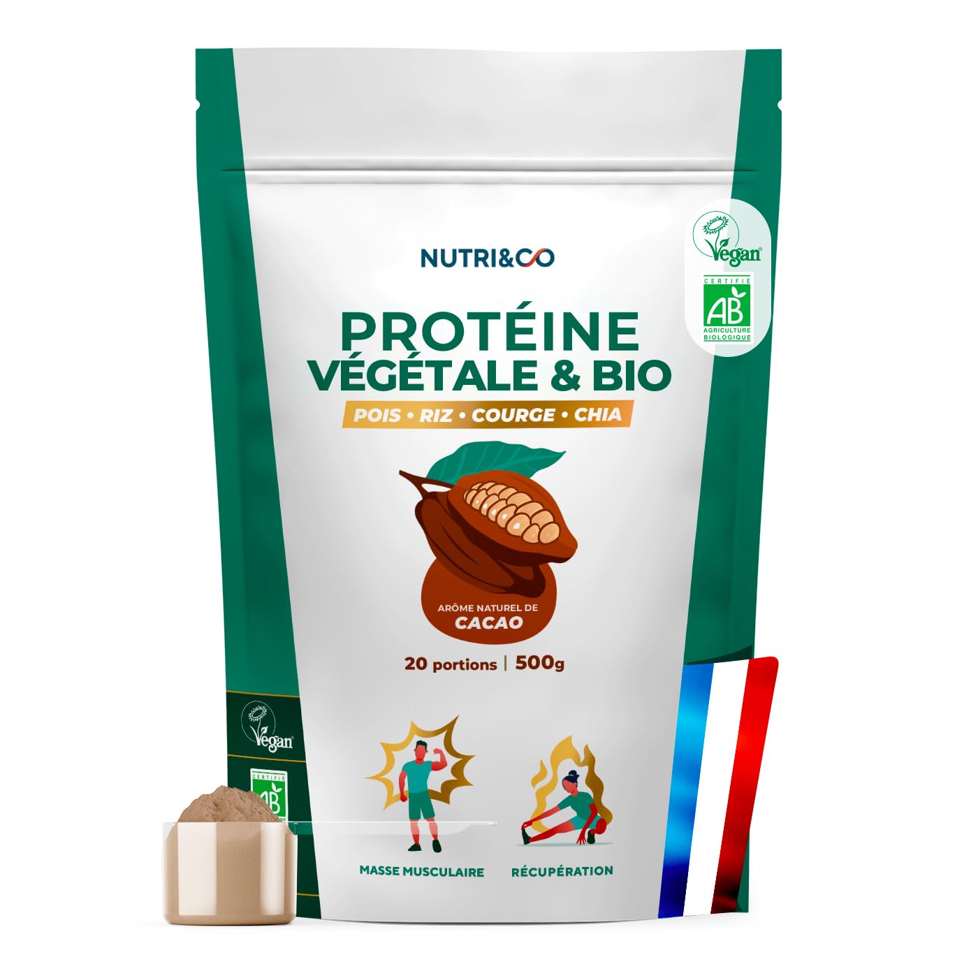 NUTRI & CO Protéines Vegétales BIO - 4 Sources : Pois, Riz, Chia & Courge - Riche en BCAA - Vegan Protein 100% naturelle - Goût Naturel Cacao 500g - Sans édulcorant ni additif - Fabriqué en France