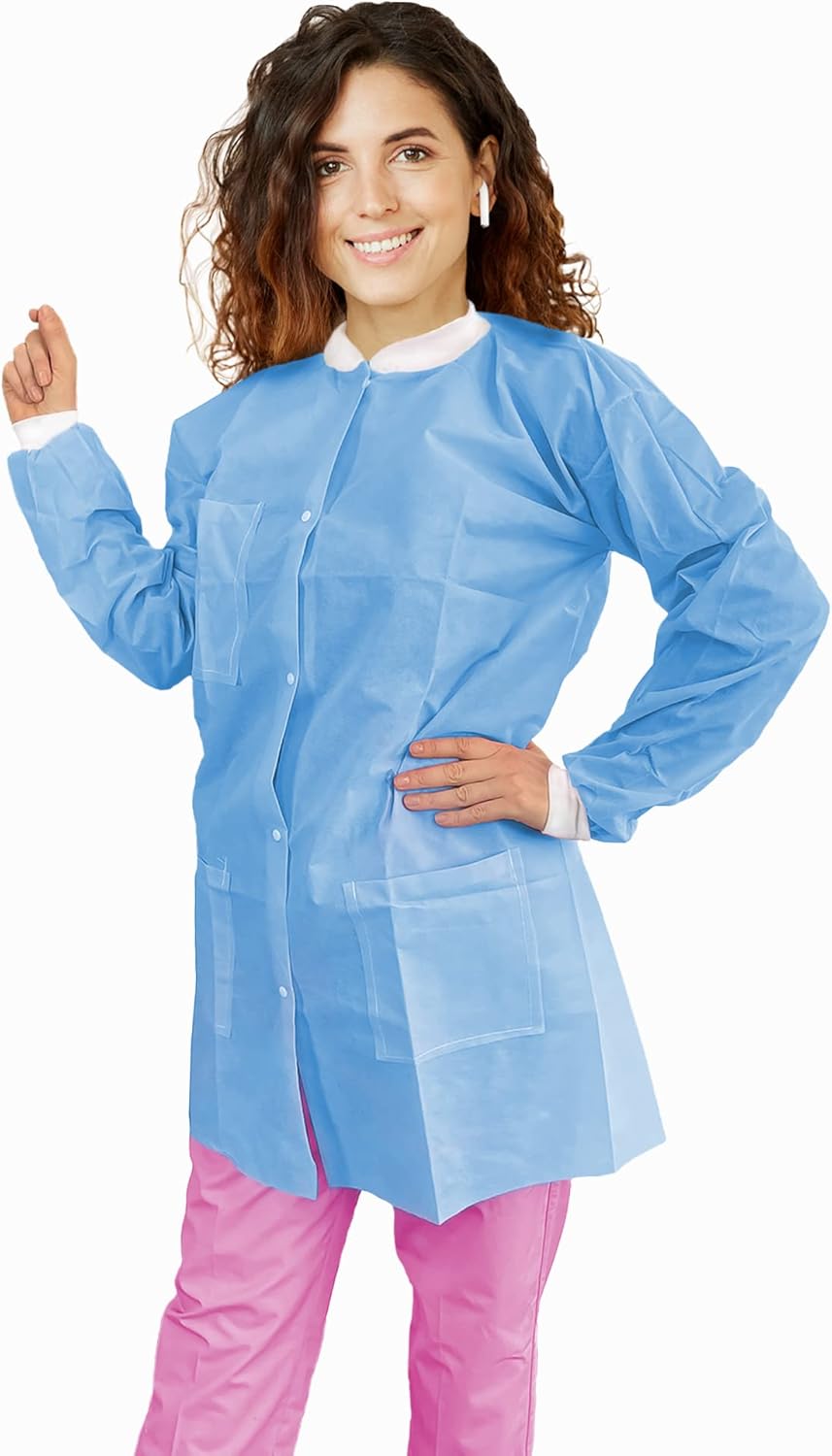 EZGOODZ Disposable Lab Coats for Adults, SMS Disposable Smocks 40 GSM with Front Snaps, Knit Cuffs, Collar, 3 Pockets