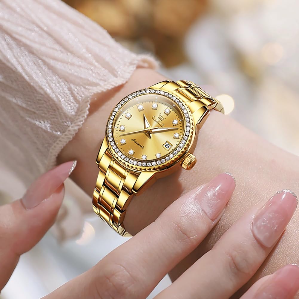 OLEVS Gold-schwarz Diamant Frauen Uhr Automatische Mechanische Luxus Kleid Klassische Edelstahl Armband Damen Uhr