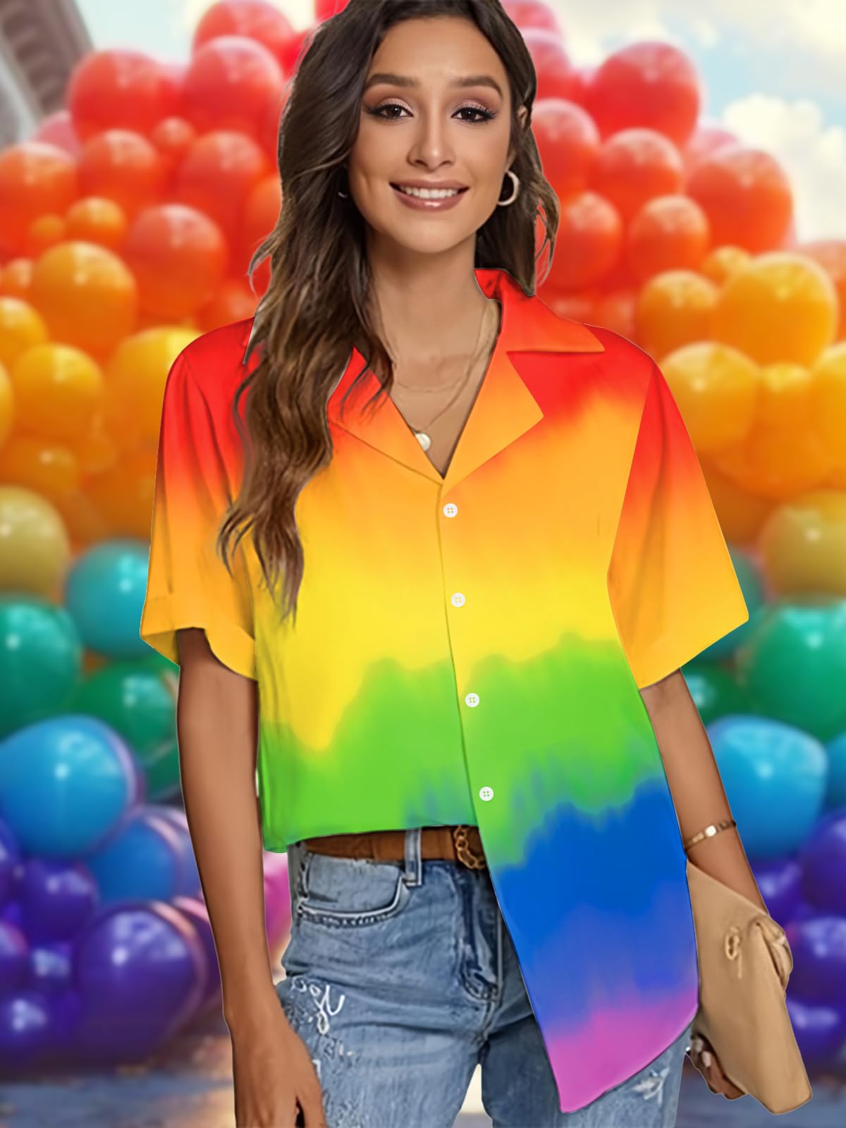 tiorhooe Maglietta da donna con stampa arcobaleno e cuore, stile casual, con bottoni