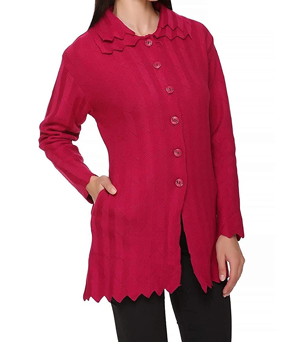 MAGKNIT Women Woolen V-Neck Cardigan with Double Collar Heavy Daffodil  Fabric Cardigan Winter Wear Pure Wool Cardigan for Women Free Size Long  Cotty