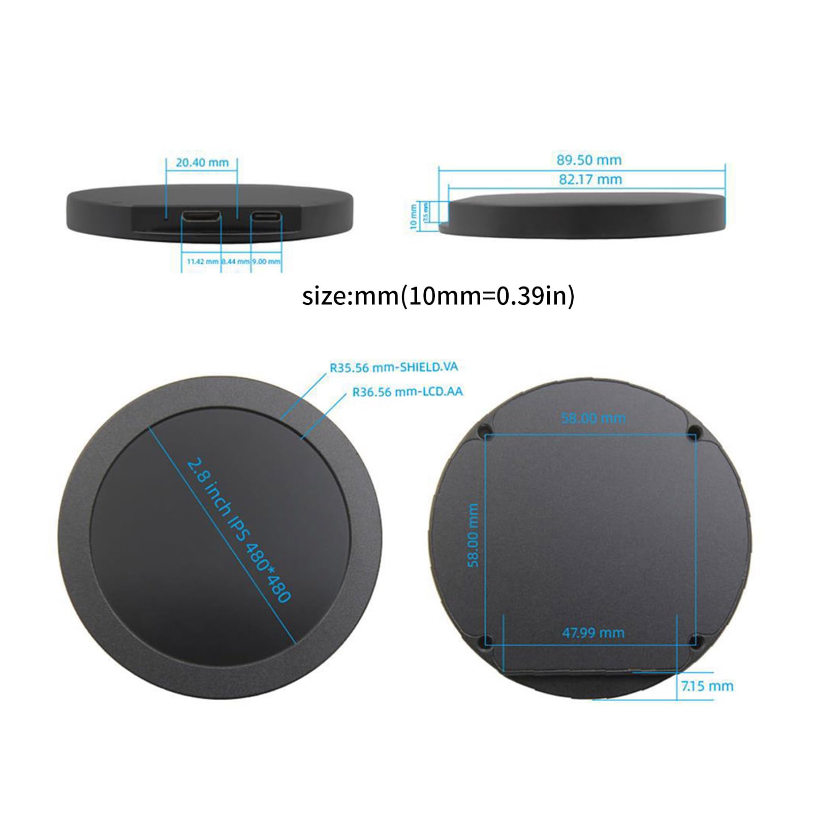 7,1 cm (2,8 Zoll) rundes LCD-Display für Computer-Hardware, UditoryMonitoring über USB Typ C, 480 x 480 Auflösung, Gehäuse-Bildschirm
