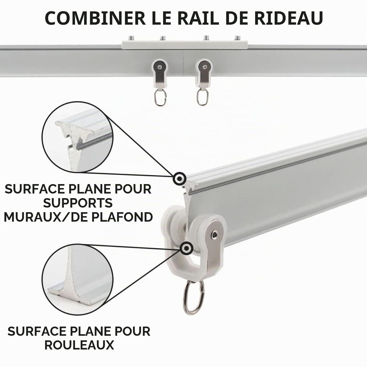 Rail de rideau de plafond flexible en aluminium – Rail de montage mural/plafond pliable de 5 m, système de glissement lisse pour baies vitrées, camping-cars, séparateurs de pièce, douches – Facile à