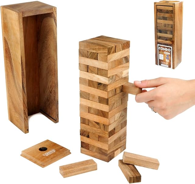 Logica Puzzles Art. Condo - Wooden Tumbling Stacking Tower - Teak Wood with Wooden Box (Medium)