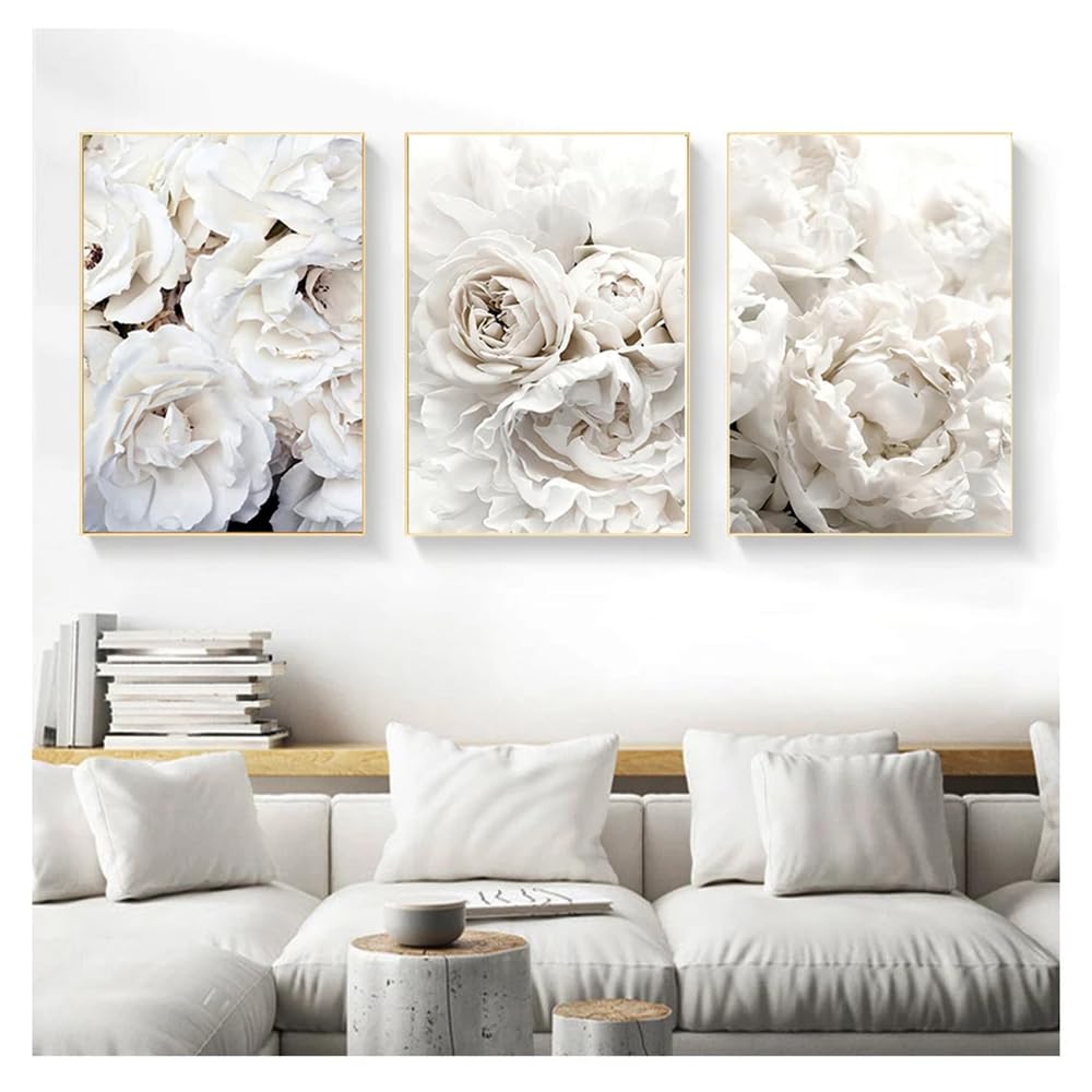 WUHBCZ Art Pictures-Abstract White Peony Rose Flower Poster Nordic Poster and Print Wall Art Painting Blooms Pictures for Living Kitchen Room Home Decoration-40 * 60cm/3PCS (No Frame)