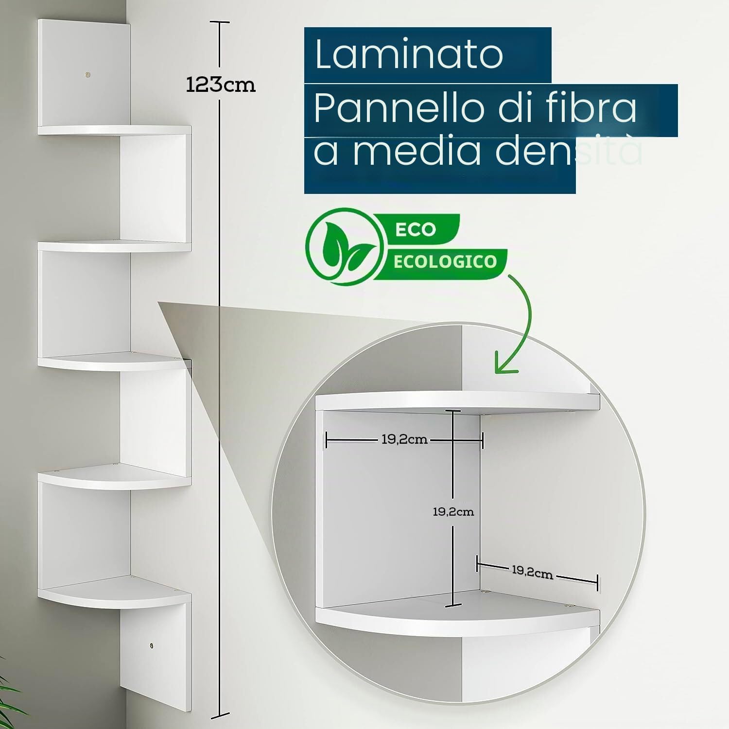 edihome, Libreria Angolare, Scaffale da Parete, 5 Ripiani, 123 x 19,2cm, Legno Natural, Mensole da Muro Design, Cucina, Camera (Bianco)