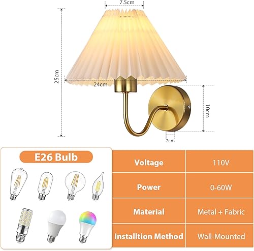 Miniatura 3 de Juego de 2 apliques de pared dorados para interiores con pantalla de tela, lámpara de pared de tela plisada, lámpara de pared cableada para