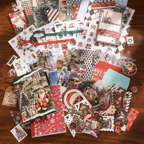 Image of WEMOL Vintage Journal Scrapbook Pack Kit for Art Journaling Bullet, Planners DIY Paper Stickers, Craft Kits Notebook, Collage Album Aesthetic Sticker (Red Christmas)