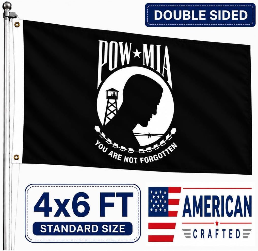 Pow Mia Flag 4x6 Outdoor Double Sided- Heavy Duty 3ply Mia Pow Flags 2 Sided Super Durable 4 Rows Stitched Edge Canvas Header with 2 Brass Grommets You Are Not Forgotten Memorial Day Flag