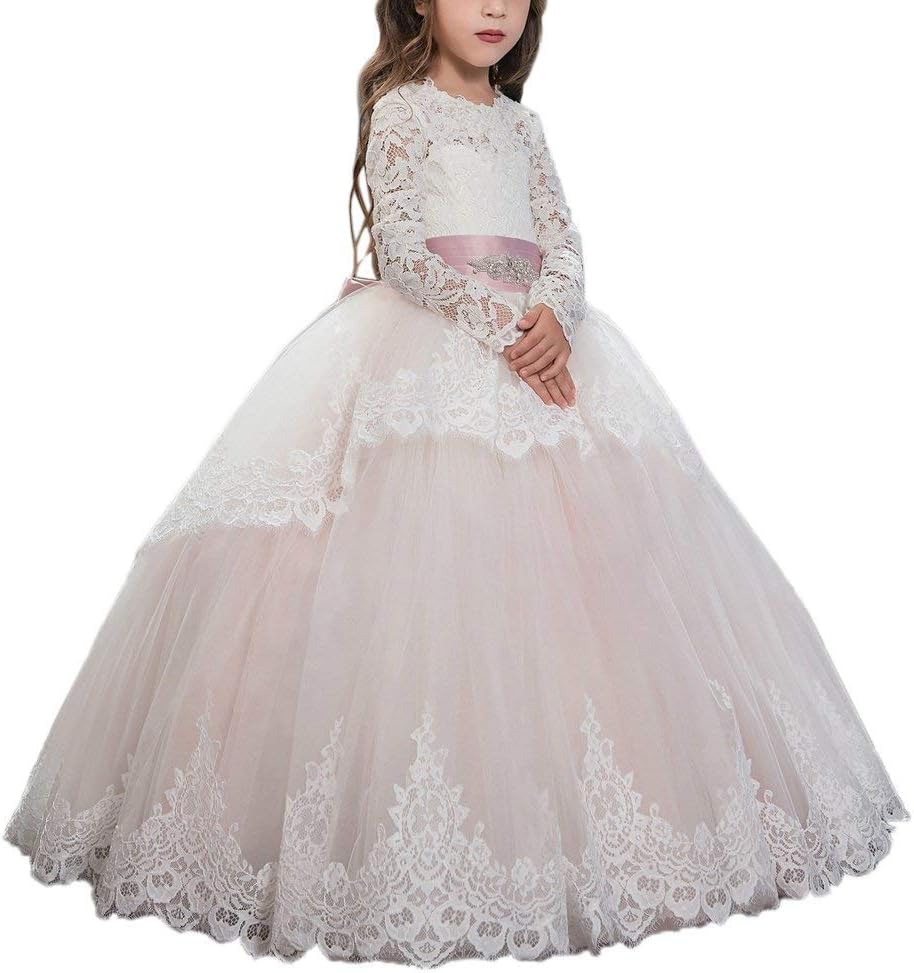 SittingleyPageant Flower Girls Dress First Communion Dresses Lace Long Sleeves Princess Tulle Ball Gown