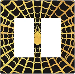 Decorative Outlet Covers Black Background with Golden Spiderweb Spider 2 Gang Light Switch Cover Plate Double Rocker Wall Plate Switch Plate Covers for Bedroom Decor