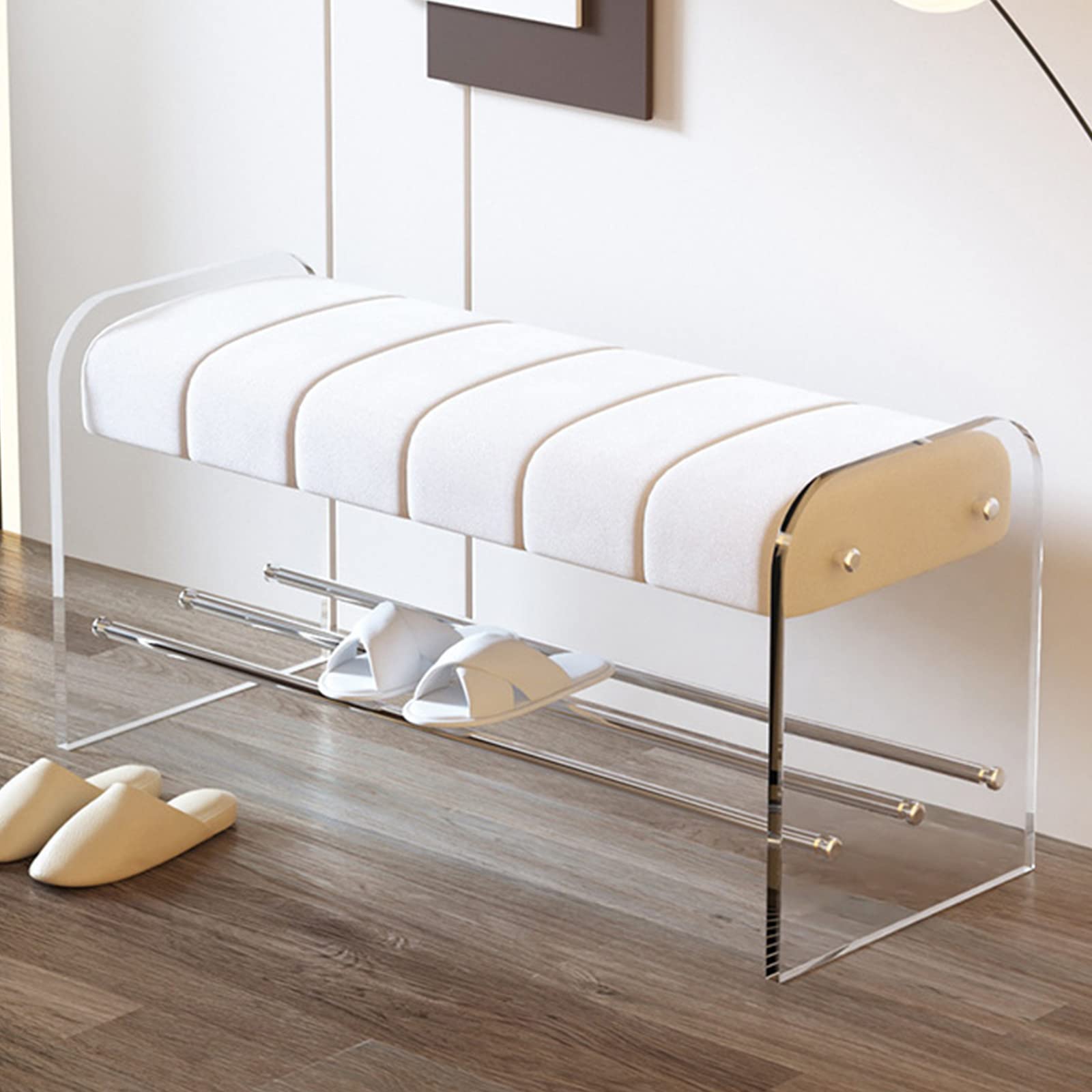 Banco de acrílico con asiento de terciopelo beige para pie de cama