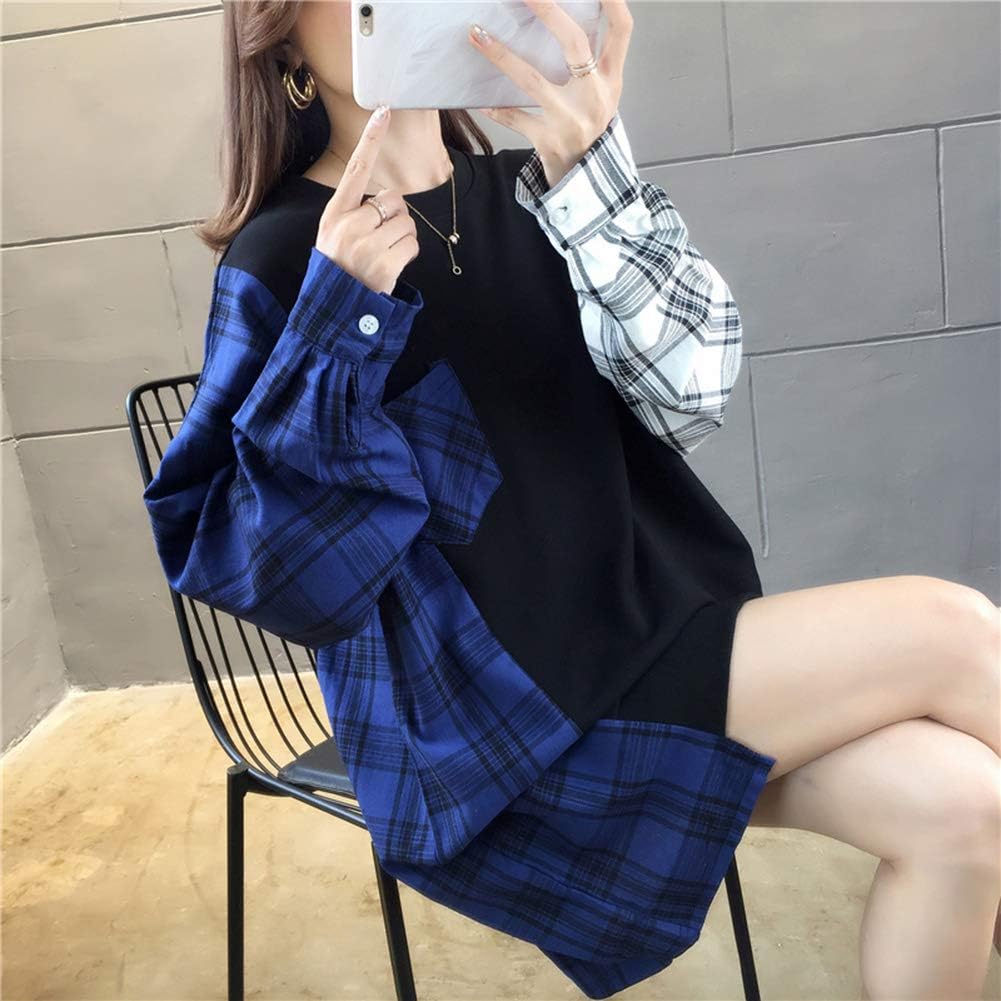 [Gianrght] パーカーレディースロング丈長袖トレーナービッグシルエットドロップショルダートップスチェック柄韓国ファッションプ