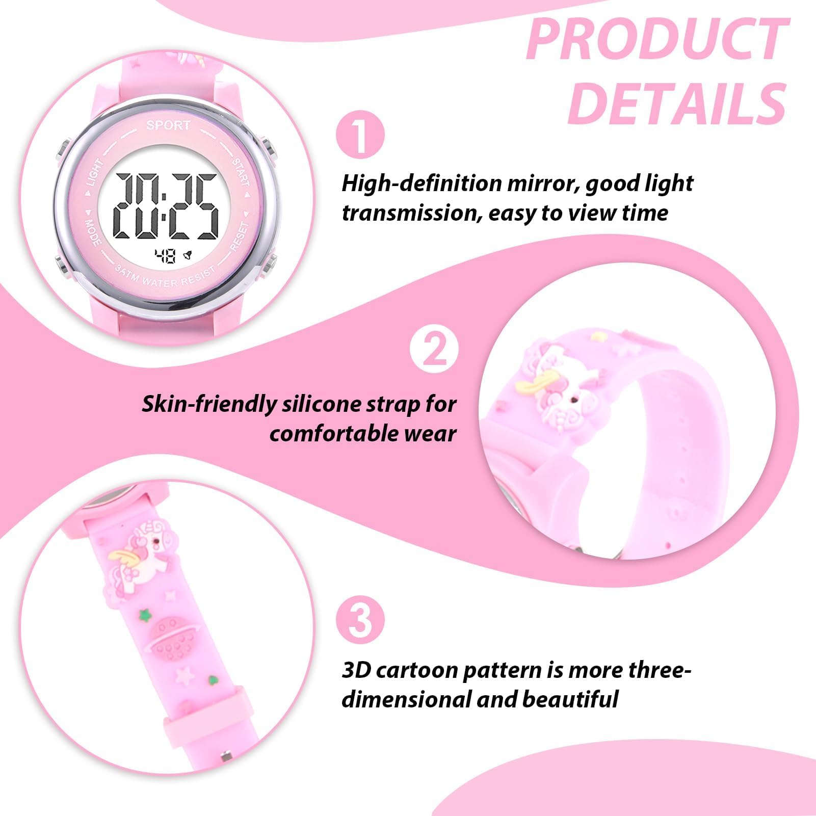Reloj Infantil Digital Educativo de Silicona con Dibujos Animados 3D, Luz LED 7 Colores, Multifunción Regalo para Niñas 3-12 Años