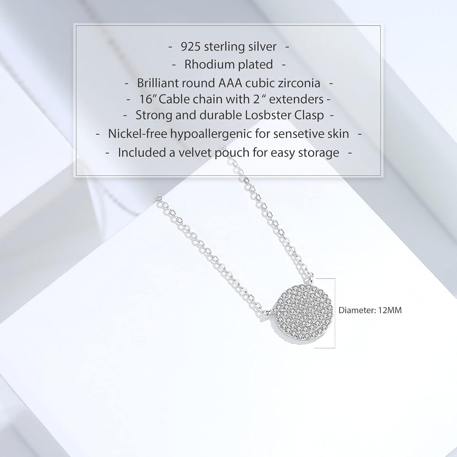 925 Sterling Silver Cubic Zirconia Pave Disc Round Pendant Necklace 18 inch - Image 3