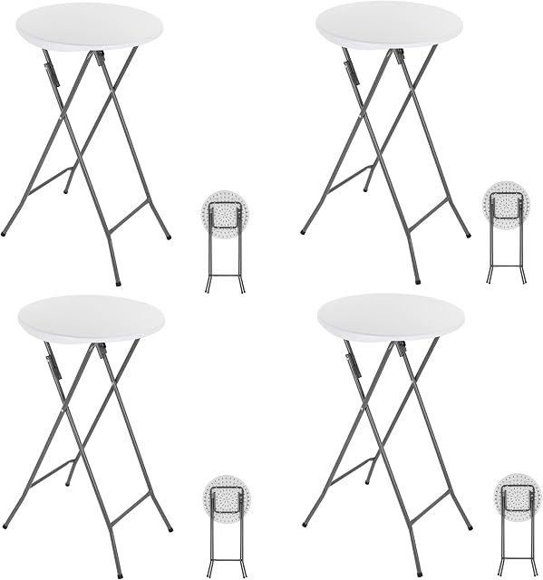 ANJI DEPOT Folding Bar Table,Folding Table Plastic Foldable Indoor & Outdoor for Garden Bistro Bar Party Trade Fairs, Round,Poseur Table, White 4 Pack