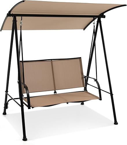 HAPPYGRILL Columpio de porche para 2 personas con toldo, silla de columpio para patio al aire libre con marco de metal resistente, tela de asiento