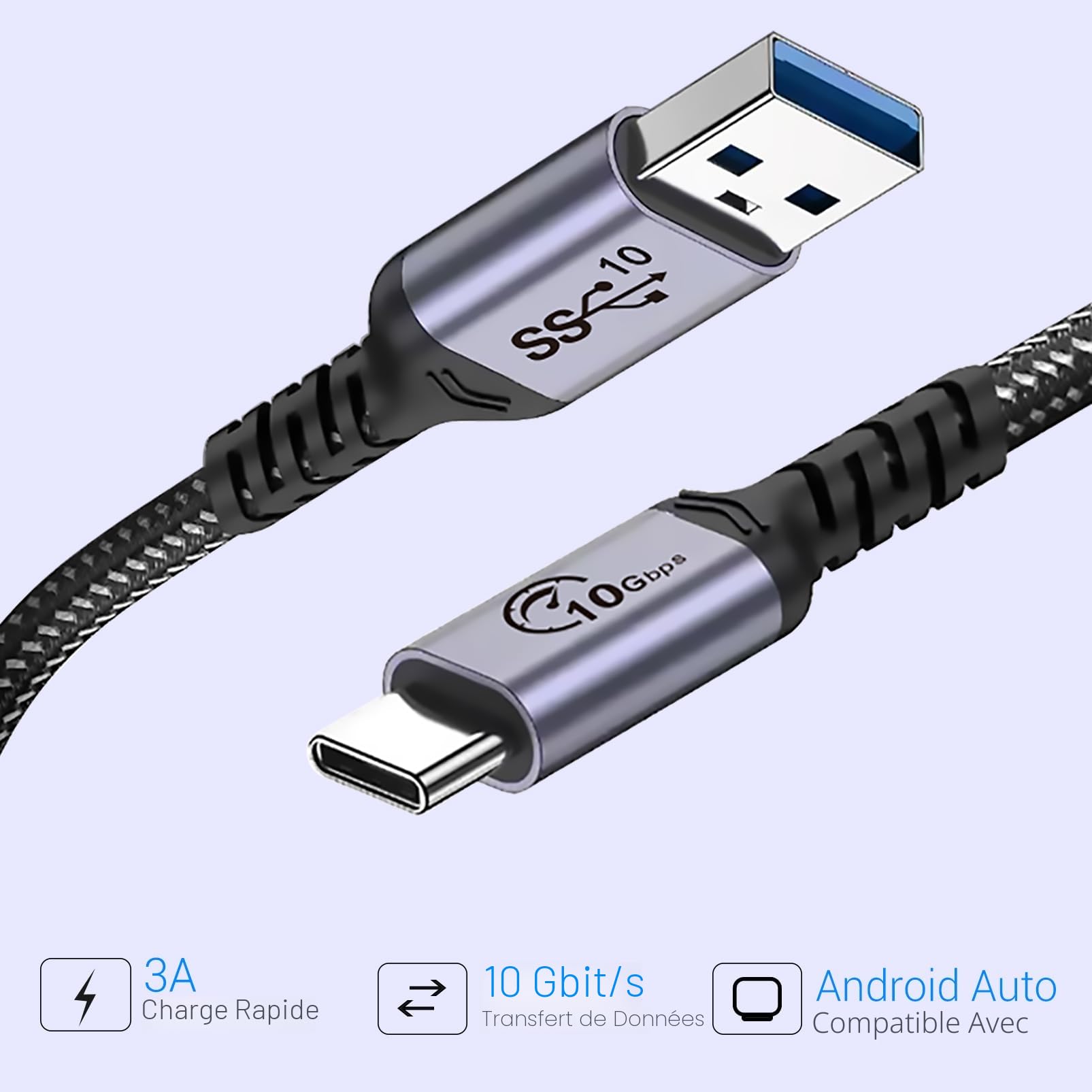 USB Cable 50CM 2 Pack USB A to C 10Gbps USB 3.1 Gen 2 3A Fast Charging Data Transfer for Samsung Galaxy S21 S10 S9 Note 20 iPad Pro GoPro